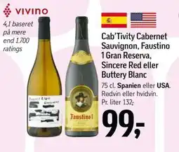 Føtex Cab’Tivity Cabernet Sauvignon, Faustino 1 Gran Reserva, Sincere Red eller Buttery Blanc, DKK 99 tilbud