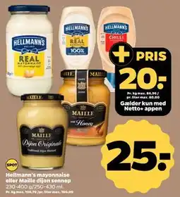Netto Hellmann's mayonnaise eller Maille dijon sennep, DKK 25, App-pris tilbud