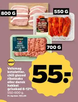 Netto Velsmag koteletter, chili glazed ribsteaks eller dansk hakket grisekød 8-12%, DKK 55 tilbud