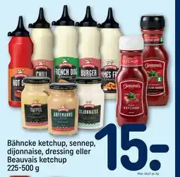 REMA 1000 Bähncke ketchup, sennep, dijonnaise, dressing eller Beauvais ketchup 225-500 g, DKK 15 tilbud