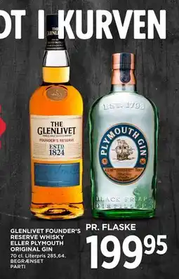 MENY GLENLIVET FOUNDER’S RESERVE WHISKY ELLER PLYMOUTH ORIGINAL GIN, DKK 199.95 tilbud