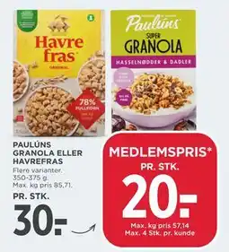 MENY PAULÚNS GRANOLA ELLER HAVREFRAS, DKK 30, App-pris tilbud