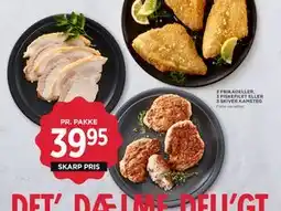 MENY 3 FRIKADELLER, 3 FISKEFILET ELLER 3 SKIVER KAMSTEG, DKK 39.95 tilbud
