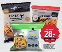 MENY RAHBEK FISH & CHIPS, ROYAL GREENLAND REJER MED SPRØD PANERING ELLER BLÆKSPRUTTERINGE, DKK 28 tilbud