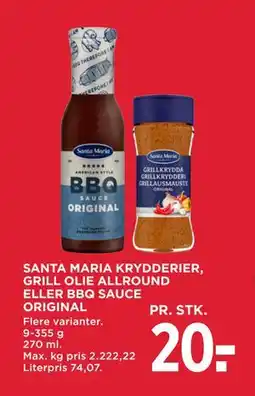 MENY SANTA MARIA KRYDDERIER, GRILL OLIE ALLROUND ELLER BBQ SAUCE ORIGINAL, DKK 20 tilbud