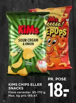 MENY KIMS CHIPS ELLER SNACKS, DKK 18 tilbud