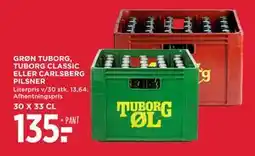 MENY GRØN TUBORG, TUBORG CLASSIC ELLER CARLSBERG PILSNER, DKK 135 tilbud