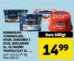 Løvbjerg Bornholms fiskeboller, rogn, sardiner i olie, nušlinger el. Glyngøre makrelfilet tilbud