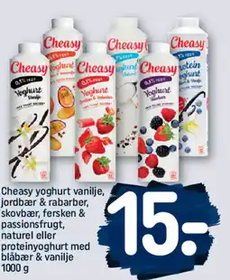 REMA 1000 Cheasy yoghurt vanilje, jordbær & rabarber, skovbær, fersken & passionsfrugt, naturel eller proteinyoghurt med blåbær tilbud