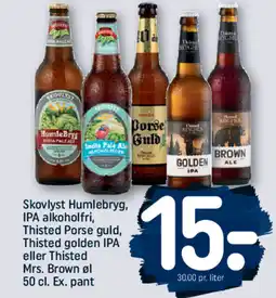 REMA 1000 Skovlyst Humlebryg, IPA alkoholfri, Thisted Porse guld, Thisted golden IPA eller Thisted Mrs. Brown øl 50 cl. Ex. pant tilbud