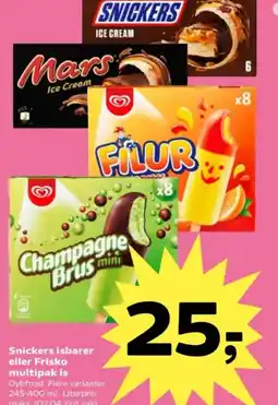 Kvickly Snickers isbarer eller Frisko multipak is tilbud