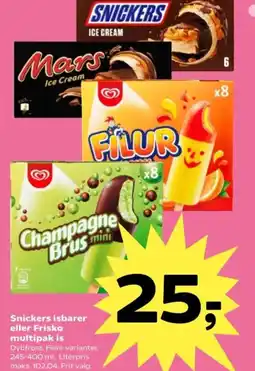 SuperBrugsen Snickers isbarer eller Frisko multipak is tilbud
