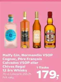 SuperBrugsen Malfy Gin, Normandin VSOP Cognac, Père François tilbud
