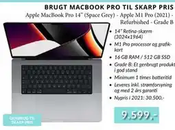 CBC Apple MacBook Pro 14” (Space Grey) - Apple M1 Pro (2021) Refurbished - Grade B, DKK 9599 tilbud