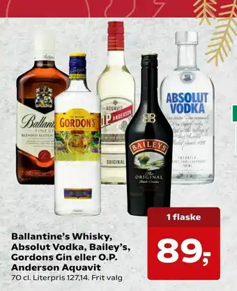 Kvickly Ballantine's Whisky, Absolut Vodka, Bailey's, Gordons Gin eller O.P. Anderson Aquavit tilbud