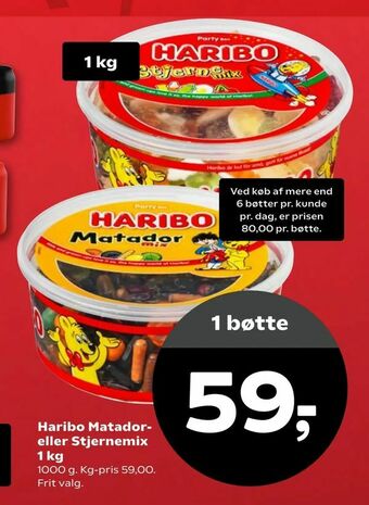 Kvickly Haribo Matador eller Stjernemix 1 kg tilbud