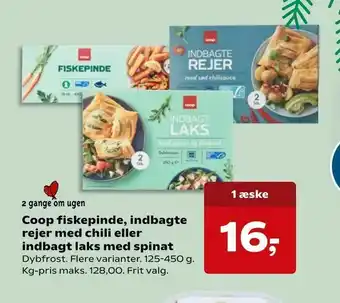 Kvickly Coop fiskepinde, indbagte rejer med chili eller indbagt laks med spinat tilbud