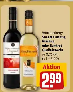 REWE DE Württemberg: Süss & Fruchtig Riesling oder Samtrot Qualitätswein tilbud
