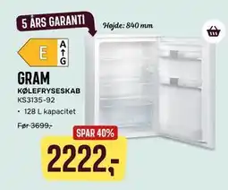 Skousen GRAM KØLEFRYSESKAB KS3135-92, DKK 2222 tilbud