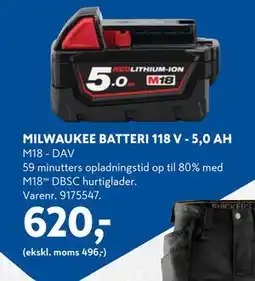 Davidsen MILWAUKEE BATTERI 118 V - 5,0 AH, DKK 620 tilbud