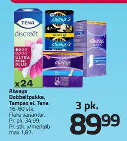 Fleggaard Always Dobbeltpakke, Tampax el. Tena, DKK 89.99 tilbud