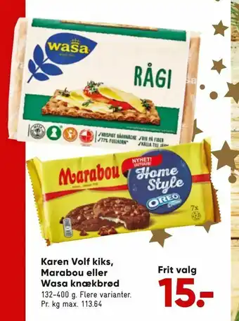 Bilka Karen Volf kiks, Marabou eller Wasa knækbrød tilbud