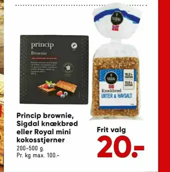 Princip brownie, Sigdal knækbrød eller Royal mini kokosstjerner
