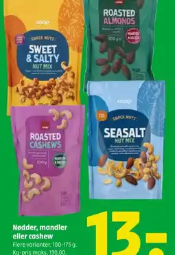 Coop 365 Nødder, mandler eller cashew Flere varianter. 100-175 g. Kg-pris maks. 130,00. Frit valg. 1 pose. tilbud