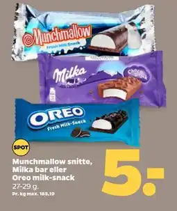 Netto Munchmallow snitte, Milka bar eller Oreo milk-snack, DKK 5 tilbud