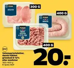 Netto Velsmag koteletter, dansk hakket grisekød 8-12% eller medister, DKK 20 tilbud