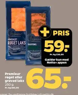 Netto Premieur røget eller gravad laks, DKK 65, App-pris tilbud