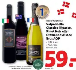 Lidl Valpolicella Classico Ripasso, Pinot Noir eller Crémant d‘Alsace Brut AOP, DKK 59 tilbud