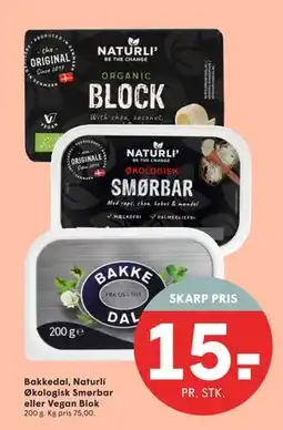 SPAR Bakkedal, Naturlí Økologisk Smørbar eller Vegan Blok, DKK 15 tilbud