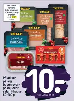 REMA 1000 Pålækker pålæg, baconleverpostej eller salami-hapser 50-200 g, DKK 10 tilbud
