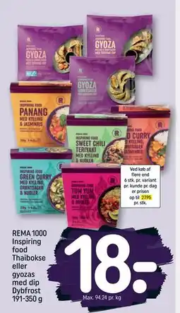 REMA 1000 REMA 1000 Inspiring food Thaibokse eller gyozas med dip Dybfrost, DKK 18 tilbud