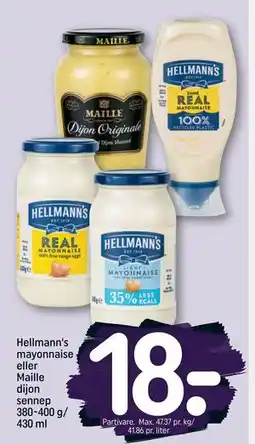 REMA 1000 Hellmann's mayonnaise eller Maille dijon sennep 380-400 g/ 430 ml, DKK 18 tilbud