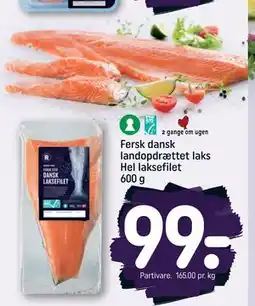 REMA 1000 Fersk dansk landopdrættet laks Hel laksefilet 600 g, DKK 99 tilbud