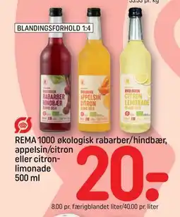 REMA 1000 REMA 1000 økologisk rabarber/hindbær, appelsin/citron eller citronlimonade 500 ml, DKK 20 tilbud