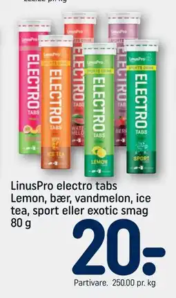 REMA 1000 LinusPro electro tabs Lemon, bær, vandmelon, ice tea, sport eller exotic smag 80 g, DKK 20 tilbud