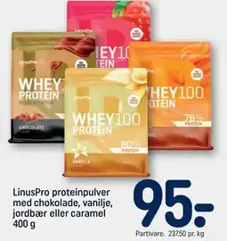 REMA 1000 LinusPro proteinpulver med chokolade, vanilje, jordbær eller caramel 400 g, DKK 95 tilbud