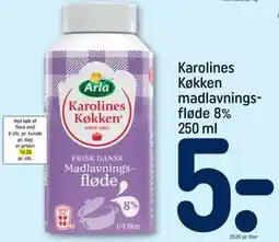 REMA 1000 Karolines Køkken madlavningsfløde 8%, DKK 5 tilbud