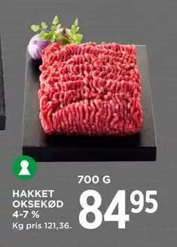 MENY HAKKET OKSEKØD 4-7 %, DKK 84.95 tilbud