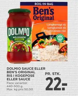 MENY DOLMIO SAUCE ELLER BEN’S ORIGINAL RIS I KOGEPOSE ELLER SAUCE, DKK 22 tilbud