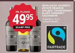 MENY ØKOLOGISK ARGENTO ESTATE RESERVE MALBEC, CHARDONNAY ELLER CABERNET SAUVIGNON, DKK 49.95 tilbud
