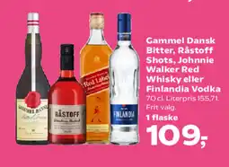 Kvickly Gammel Dansk Bitter, Råstoff Shots, Johnnie Walker Red Whisky eller tilbud