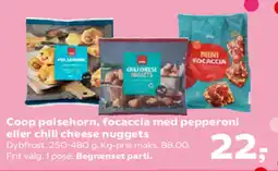 SuperBrugsen Coop pølsehorn, focaccia med pepperoni eller chili cheese nuggets tilbud