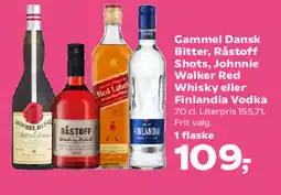 SuperBrugsen Gammel Dansk Bitter, Råstoff Shots, Johnnie Walker Red Whisky eller Finlandia Vodka tilbud