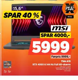Power Msi Thin A15 RTX 4060 & 144 Hz Full HD-skærm tilbud