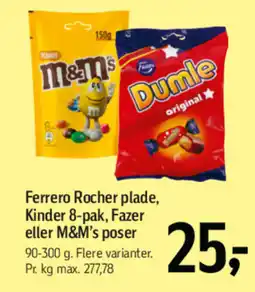 Føtex Ferrero Rocher plade, Kinder 8-pak, Fazer eller M&M's poser tilbud