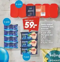 Bilka Sæby makrel i tomat 6-pak, Amanda luksusrogn 3-pak eller Glyngøre tun 4-pak, DKK 59 tilbud